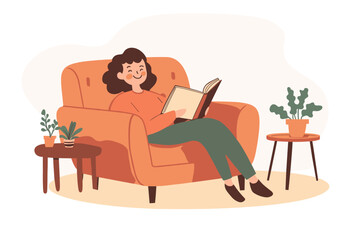 Obraz premium Young woman reading a book with enjoyment and great interest. Cartoon female booklover character behind a book vector illustration. Education, self development concept
