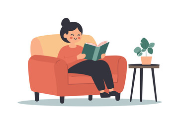 Young woman reading a book with enjoyment and great interest. Cartoon female booklover character behind a book vector illustration. Education, self development concept