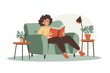 Young woman reading a book with enjoyment and great interest. Cartoon female booklover character behind a book vector illustration. Education, self development concept