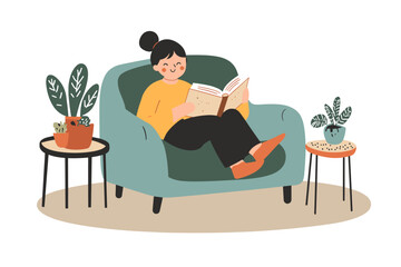 Young woman reading a book with enjoyment and great interest. Cartoon female booklover character behind a book vector illustration. Education, self development concept