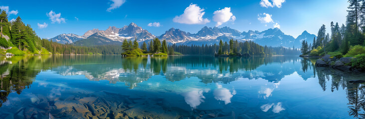 Fototapeta premium panoramic photo of Mountain snow-capped of surrounding. with perfectly clear water reflecting the pine trees.