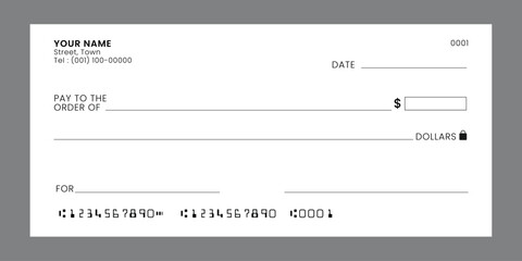 Blank bank check, checkbook cheque template, vector mockup. Money payment bank check voucher or pay cash cheque certificate, account bill paycheck.