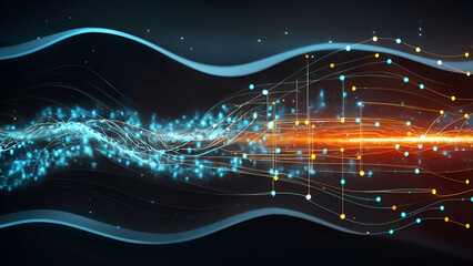 A cyber setting showcasing bright blue and orange dots on a dark, wave-like surface, capturing a futuristic technological theme. Signifies an abstract data current. Generated ai