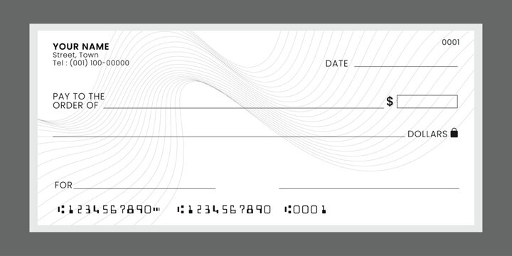 Blank bank check, checkbook cheque template, vector mockup. Money payment bank check voucher or pay cash cheque certificate, account bill paycheck.