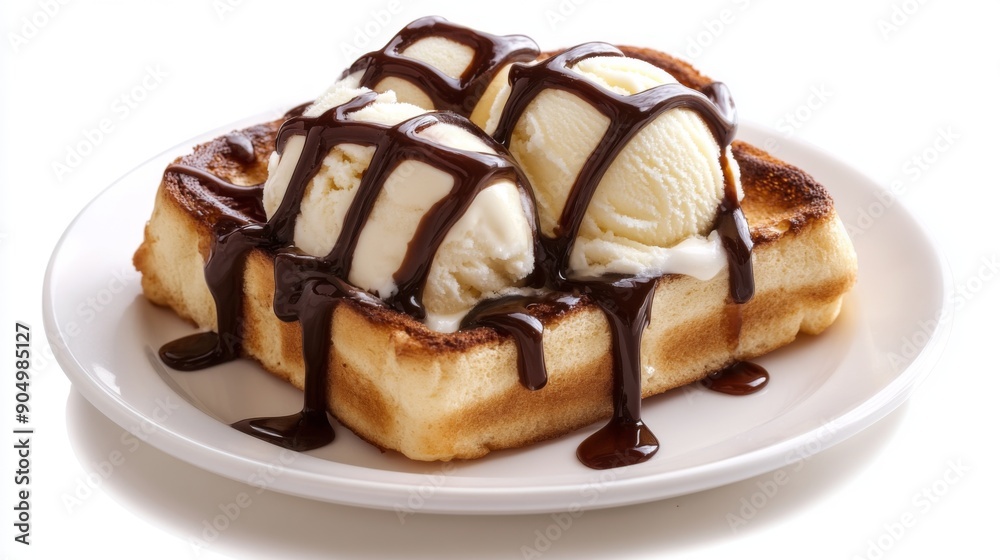 Aufkleber a delicious serving of honey toast with chocolate syrup and ice cream, isolated on a white backgroun