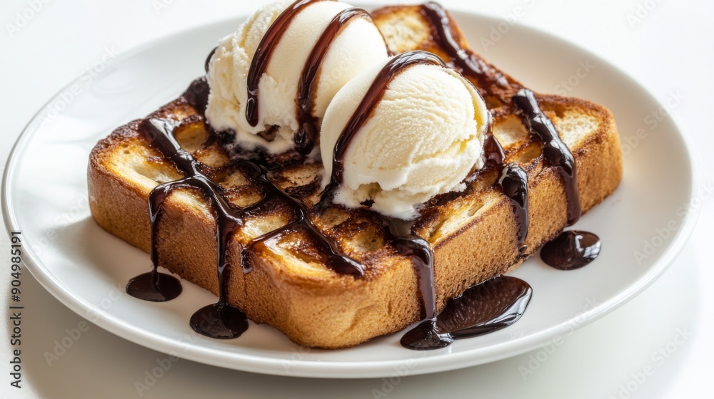 Aufkleber a delicious serving of honey toast with chocolate syrup and ice cream, isolated on a white backgroun