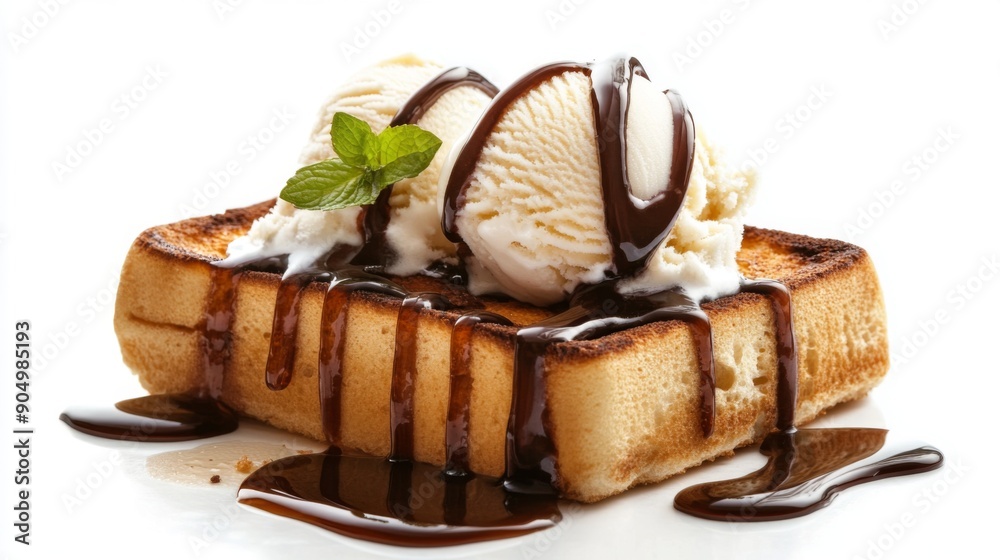 Aufkleber a delicious serving of honey toast with chocolate syrup and ice cream, isolated on a white backgroun