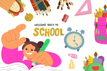 Welcome back to school vector. Background design with children, schoolgirl and education accessories element. Kids hand drawn flat design