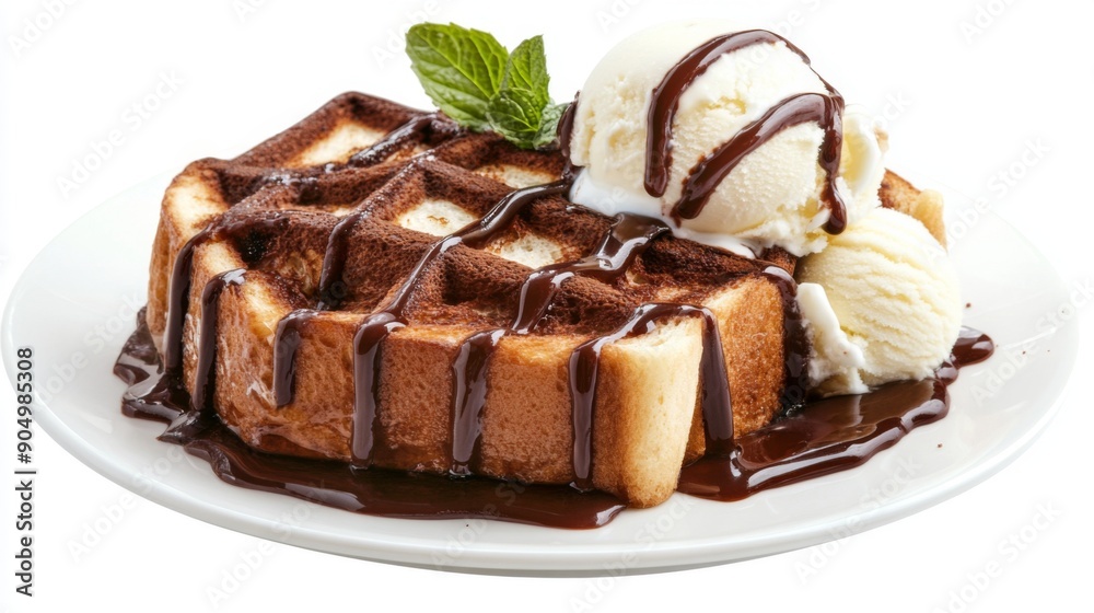 Aufkleber a delicious serving of honey toast with chocolate syrup and ice cream, isolated on a white backgroun