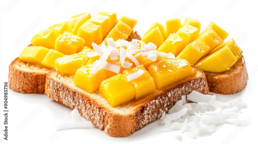 Poster a delightful serving of honey toast with fresh mango slices and coconut flakes, isolated on a white 