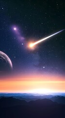 Stunning comet illustrations and wallpapers depicting comets passing through a captivating blue sky background