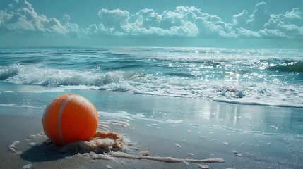 A beach ball lies on the sand, partially submerged by the incoming tide, with the vast ocean stretching out behind it.