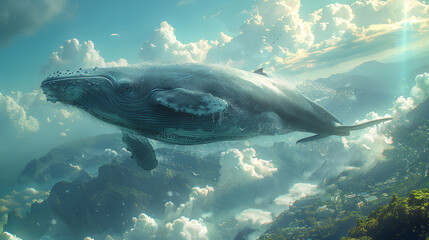 Fototapeta premium Manipulated photo of a whale flying above bright clouds