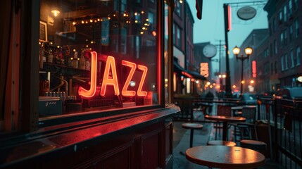 A lively jazz bar with glowing neon sign. Rain in bustling urban street outside, early evening light