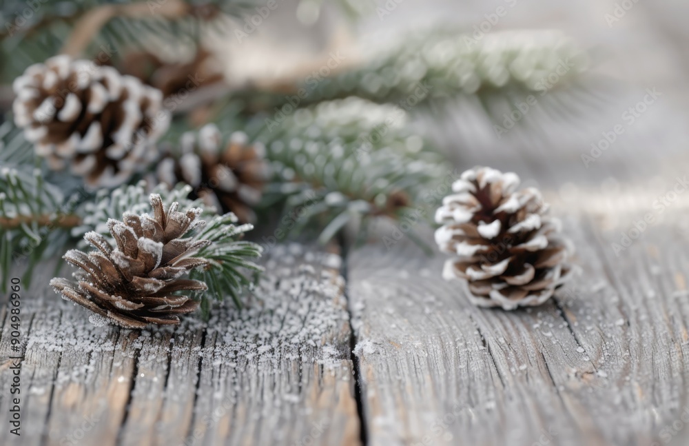 Wall mural snowy pinecones and evergreen branches on a frosted surface in winter