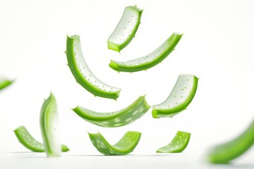 Falling Aloe vera, slice, isolated on white background, full depth of field, ai
