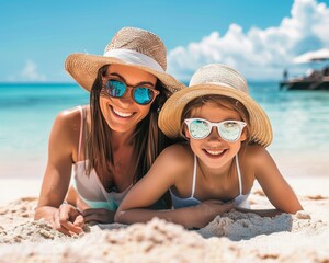 Mother and daughter joyfully spending sunny beach day with protective sunscreen on