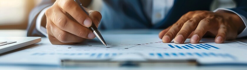 A close-up of a financial planner's hands holding a pen over a document outlining an investment strategy, with charts and graphs in the background. This image underscores the meticulous process of