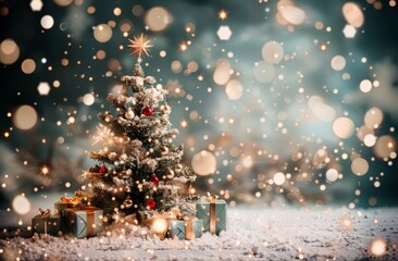 Cozy Christmas Tree Decorated With Ornaments and Presents Under Twinkling Lights