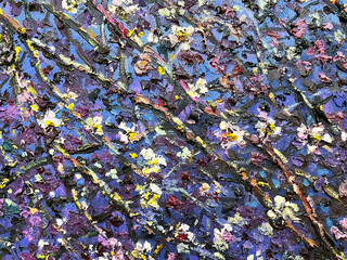 Oil painting on canvas. Multicolored bright texture, Fragment of artwork, Spots of oil paint, Brushstrokes of paint, Abstract marbling oil acrylic paint background illustration art wallpaper