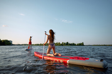 Young active people having dynamic evening, enjoying summer time on river while paddle boarding on...