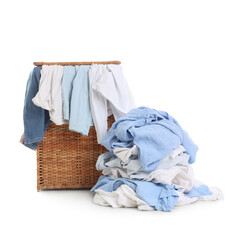 Laundry basket with dirty clothes on white background
