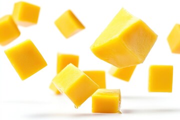 Falling Mango cube isolated on white background, full depth of field, ai 