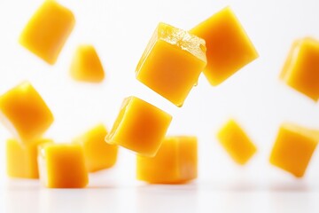 Falling Mango cube isolated on white background, full depth of field, ai 