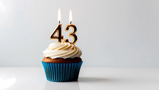Golden Candle Number 43 on Blue Cupcake with White Frosting
