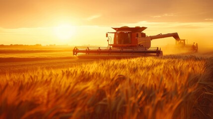 Golden wheat field sunset harvest  combine harvester and tractor silhouettes in rural scenery
