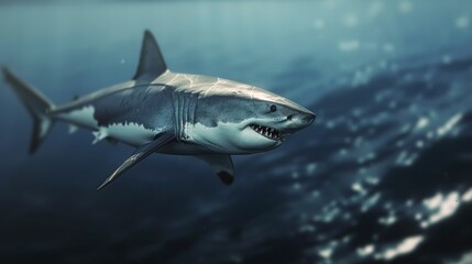 Great White Shark Swimming Gracefully in Deep Blue Ocean Waters