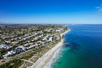 Aerial view of north Cottesloe coastline and suburb in Perth