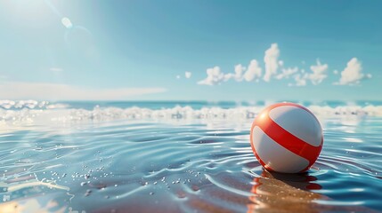A beach ball sits at the edge of the water, with ripples forming around it as the gentle waves roll in, under a clear, blue sky.
