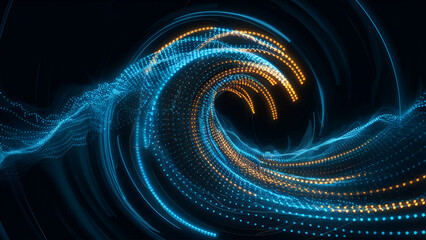 A digital backdrop featuring radiant blue and orange specks on a dark undulating surface, embodying a futuristic technology theme. Represents abstract data transmission. Generated ai