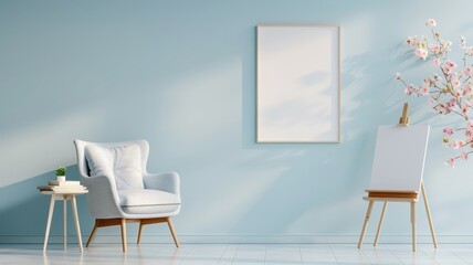 A pastel blue room with a vintage armchair, books, and a blank canvas.