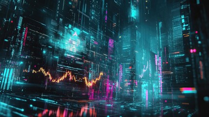 Obraz premium A Futuristic Cityscape Rendered with Neon Lights and Data Streams