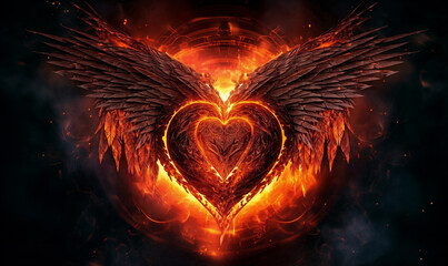 a heart with wings in the middle of a fire filled background with flames and smokes in the shape of a heart