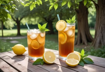 Fresh juice with lemon slices and mint served on a wooden table against a backdrop of green trees and leaves.