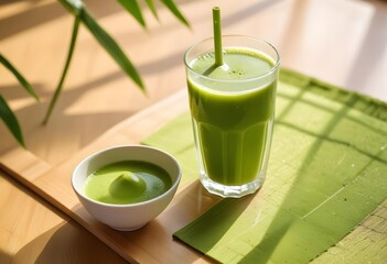 Healthy green freshly squeezed vegetable juice served on an elegant wooden countertop.