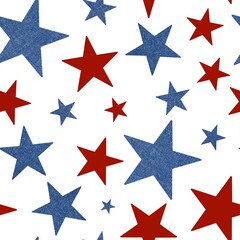 Obraz premium Abstract Hand Drawing Geometric Denim Textured Red and Blue Stars American Flag Concept Seamless Textile Pattern Isolated Background