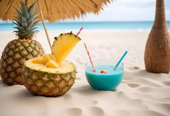 Obraz premium Blue dessert in a glass bowl served next to pineapple on the beach under palm trees.