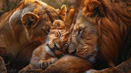 Lion Family Cuddling in Nature, Heartfelt Bonding in the Wild