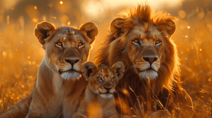 Golden Hour with Lion Pride, Serene Family Moment in the Wild