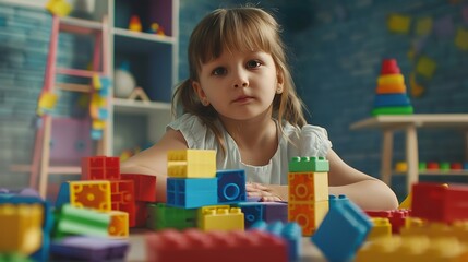 Adorable Girl Playing with Colorful Construction Blocks in a Bright Room