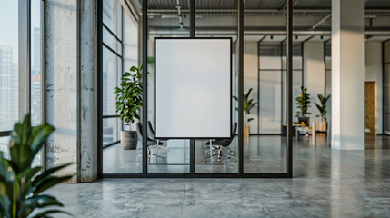 Modern office with glass walls, concrete floor and big windows has an empty frame, ideal for your advertisement