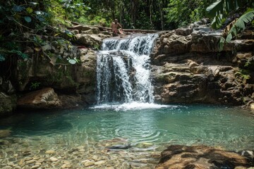 a man sitting on a rock next to a waterfall