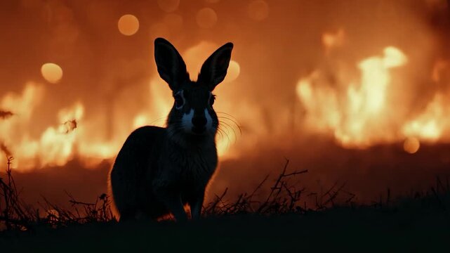 Close-up view of a hare in a forest fire. A courageous hare navigates through the scorching blaze, defying the odds. 1280x720 footage.