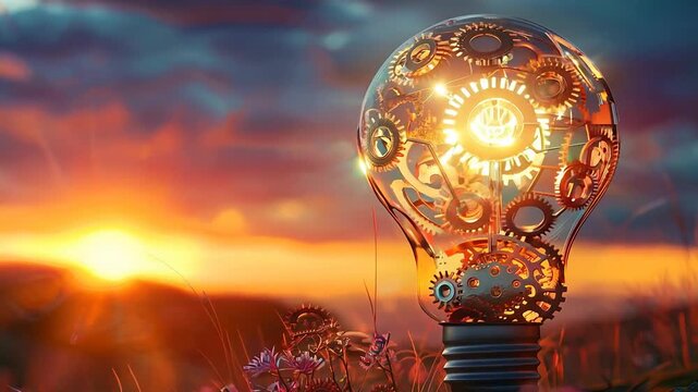 Illuminated steampunk lightbulb sunset background