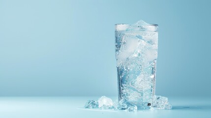 Obraz premium Soda water with ice in a glass on a light blue background text space included