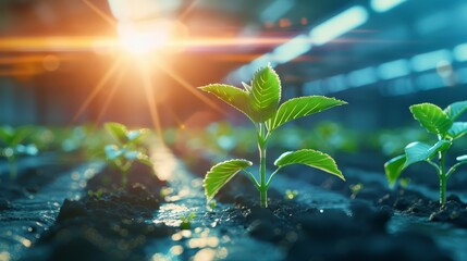 Young Plants Growing in High-Tech Greenhouse